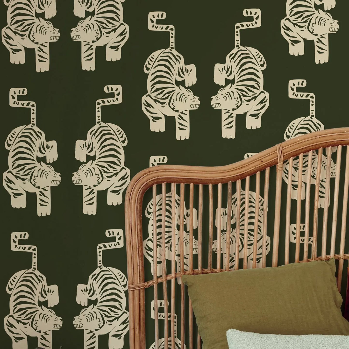 Peel and Stick Olive Green Tiger Wallpaper,Vintage Aztec Tiger Wallpaper,Retro Self adhesive Or Tradition Non-woven Animal Paper