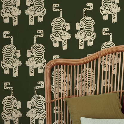Peel and Stick Olive Green Tiger Wallpaper,Vintage Aztec Tiger Wallpaper,Retro Self adhesive Or Tradition Non-woven Animal Paper