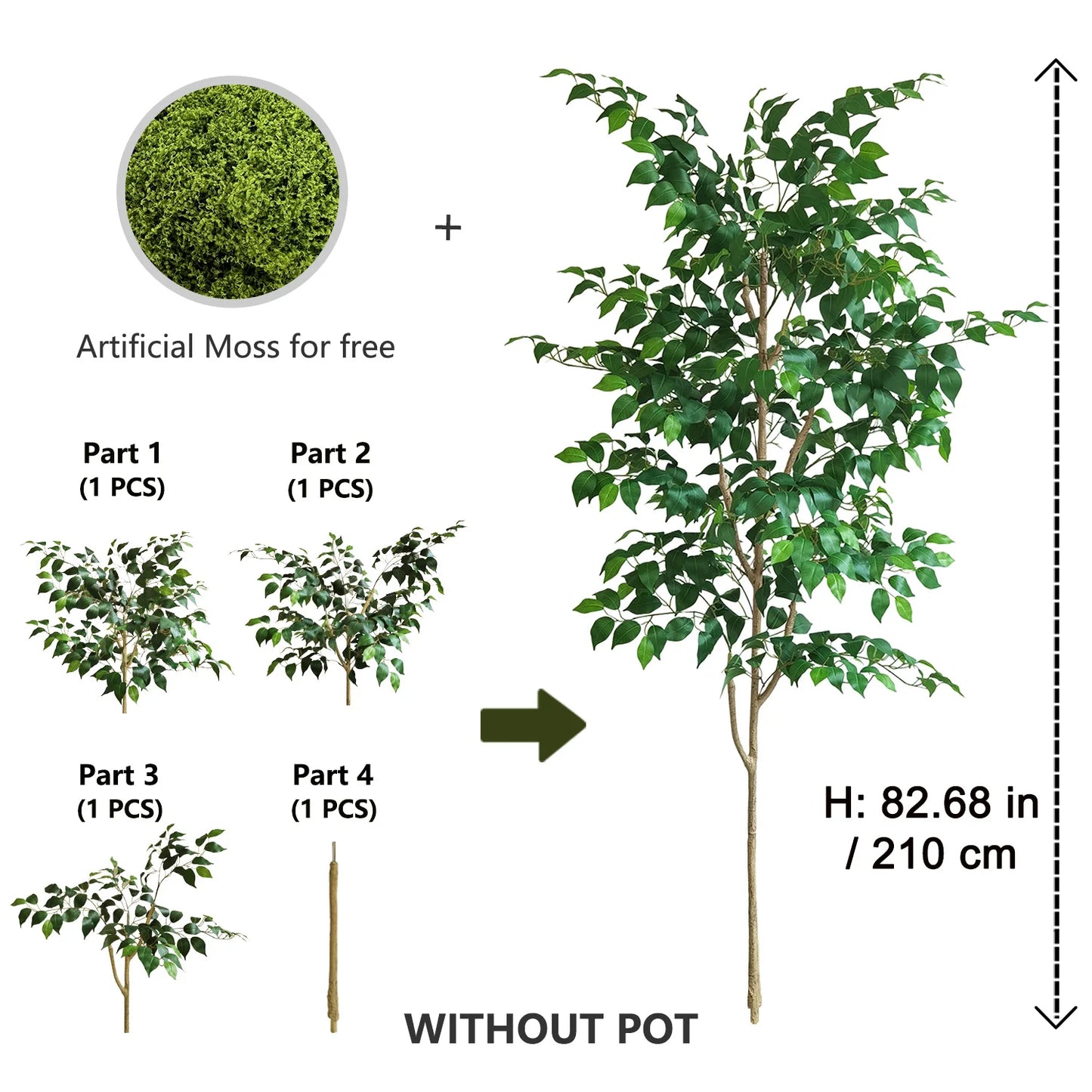 2.1M 82.68in Artificial Banyan Tree Faux Silk Plant Realistic Trunk Branches Potted Indoor Outdoor Decor 740-210