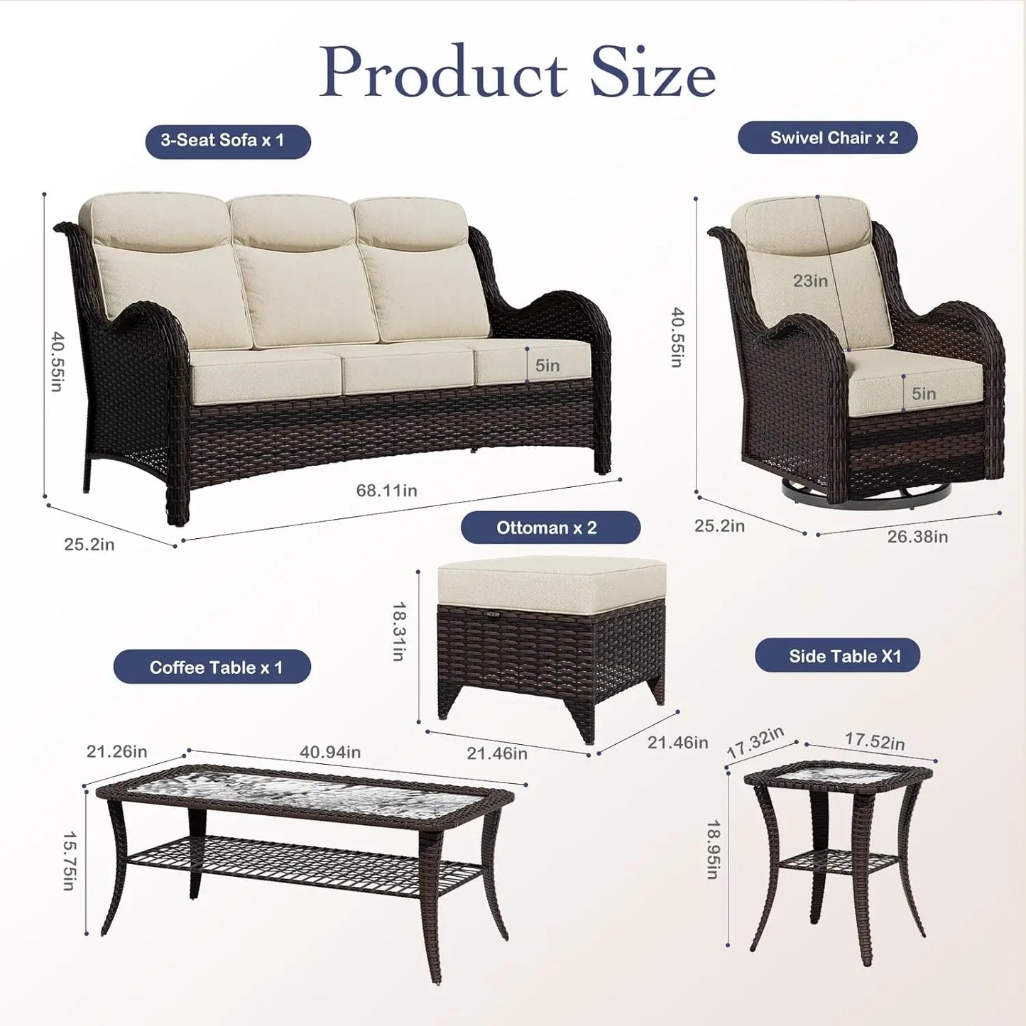 7 Pieces Outdoor Patio Furniture Set with 5" Thick Cushions, Weather-Resistant Wicker High Back Swivel Rocker, Customized