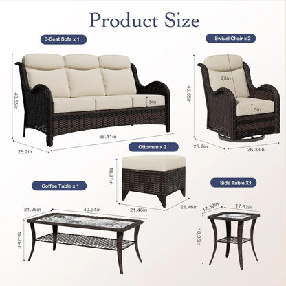 7 Pieces Outdoor Patio Furniture Set with 5" Thick Cushions, Weather-Resistant Wicker High Back Swivel Rocker, Customized