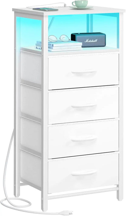 LED Rustic Nightstand with Charging Station 4 Storage Drawers and Storage Shelf End Table with USB Ports and Outlets Furniture
