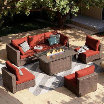 7-Pieces Patio Furniture Sets Outdoor Sectional Sofa with 44'' Propane Rattan Wicker Firepit Table, Patio Sectional, Customized