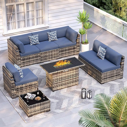 8pc Patio Set 44" Fire Pit Table All Weather Wicker Sectional Sofa Coffee Table Thickened Cushions Outdoor, Custom