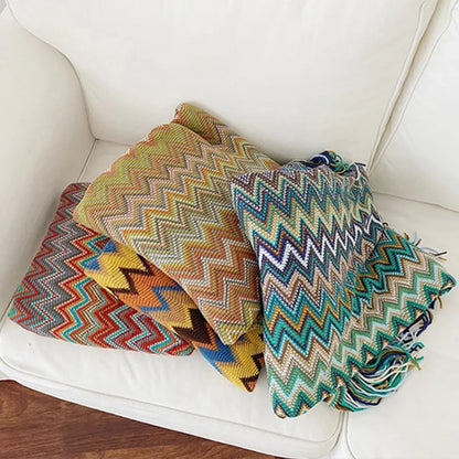 Bohemian Throw Blanket Geometric Knitted Blanket for Bed Plaid Living Room Boho Home Decor Travel Thread Blanket With Tassel INS