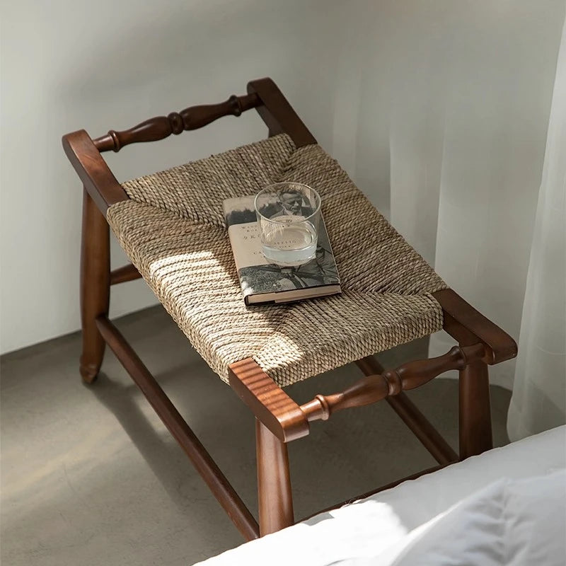 Vintage Woven Solid Wood Shoe Bench Multi-Purpose Storage Seat Rustic Woven Stool for Home Entryway Bedside Footrest