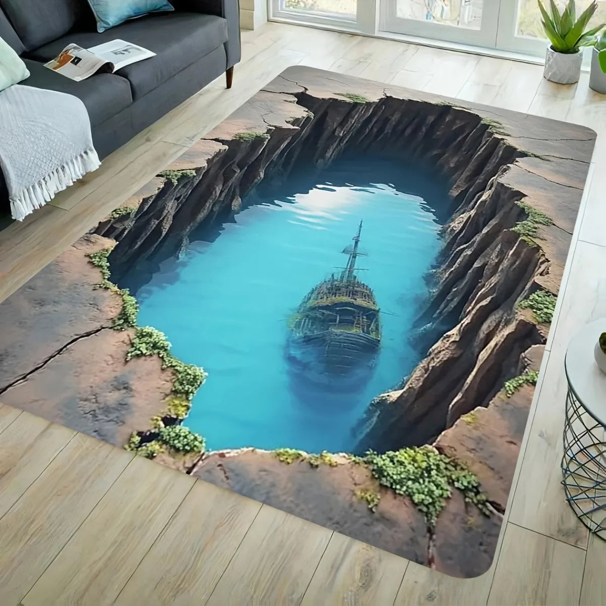 Abstract 3D Landscape Round Area Rug, Cave and Ocean Design Non Slip Floor Mat for Living Room Kitchen and Bedroom