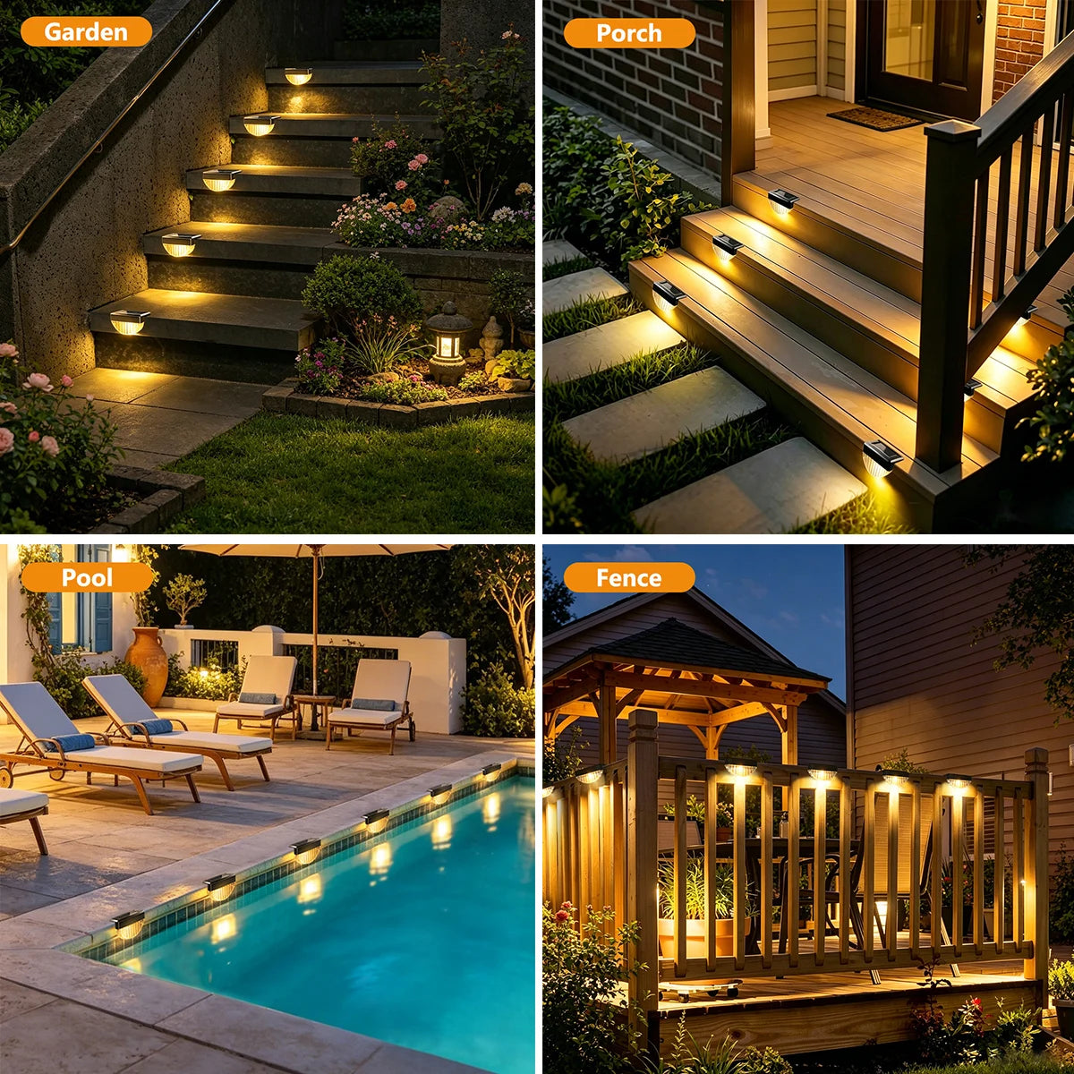 Solar Deck Lights Outdoor 8/16 Pack Waterproof LED Stair Lights with Lenses Auto ON Off Warm White Step Lights for Outside Deck