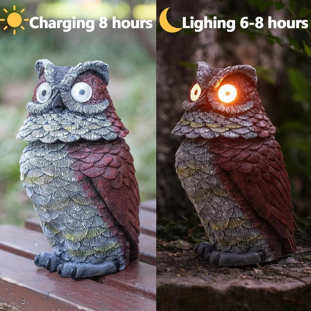 Garden Solar Owl Statue Outdoor Figurine Light Decor Glowing Eyes Spring Mounted Wobblying Head Resin Sculpture Decoration