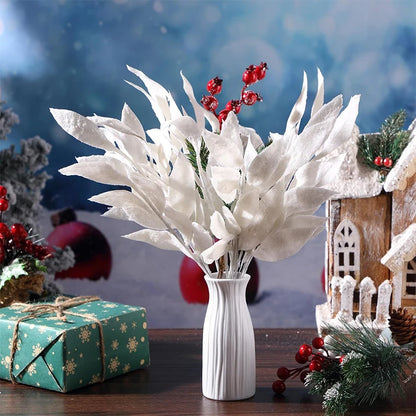 5Pcs Christmas Decoration Glitter Artificial Leaves Bouquet Xmas Tree for Home Decor DIY Wreath Crafts Gift Garland Accessories