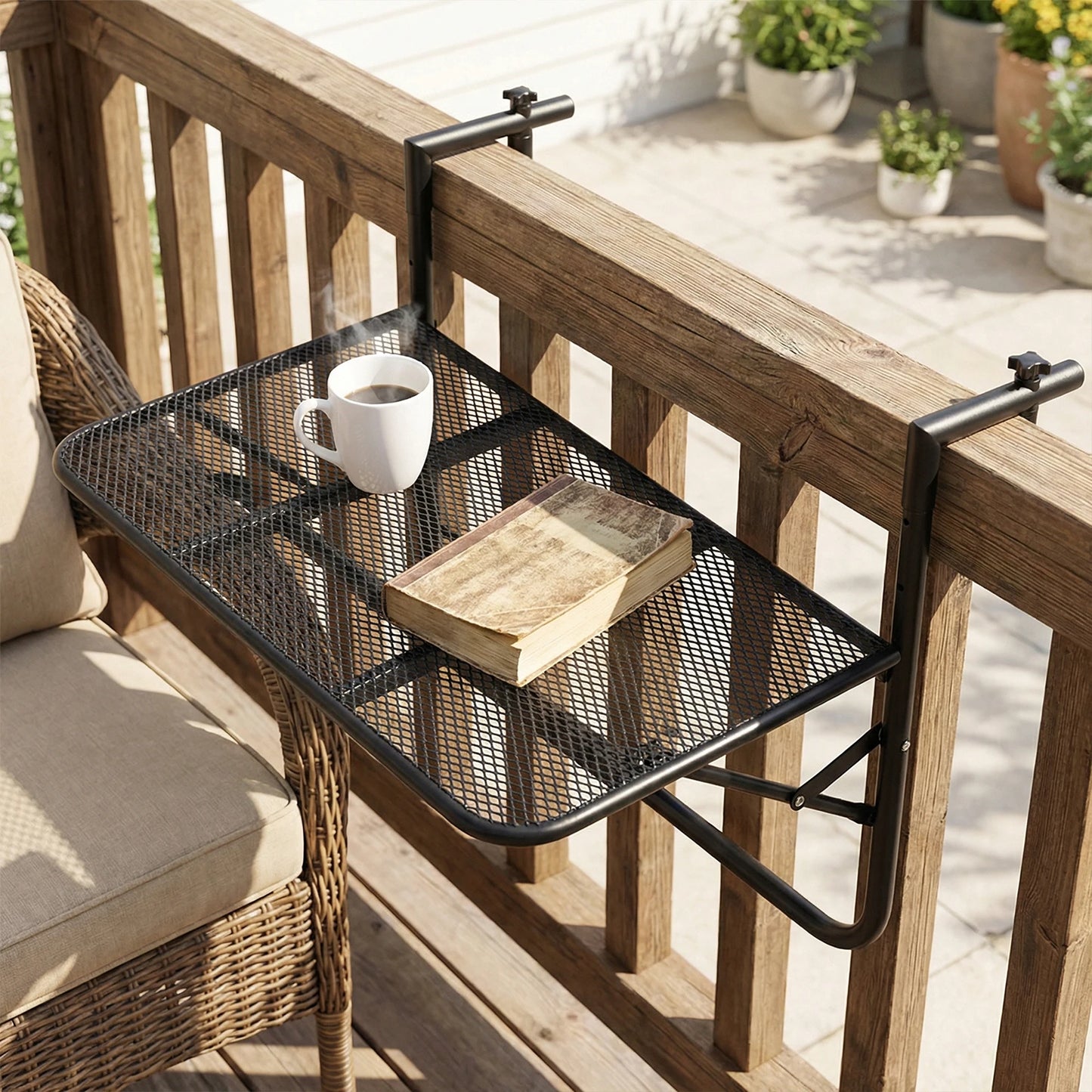 Balcony Railing Table Folding Outdoor Balcony Railing Desk Adjustable Height Patio Bar Table for Patio Space-Saving Furniture