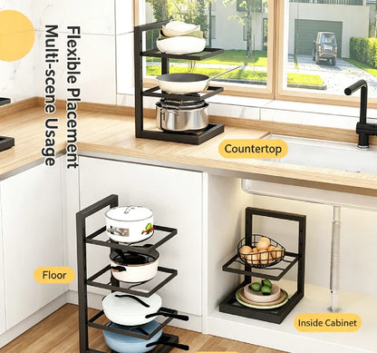 Adjustable Pot Rack Organizer, Kitchen Carbon Steel Pot Storage Rack, Multi-Layer Household Pot and Pan Organizer for Cabinet Un