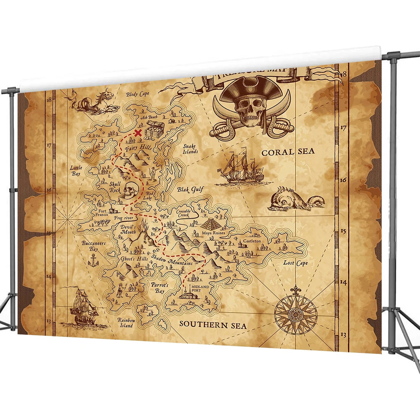 Pirate Treasure Map Background - Multi-functional party decoration suitable for theme events and game rooms, polyester fabric