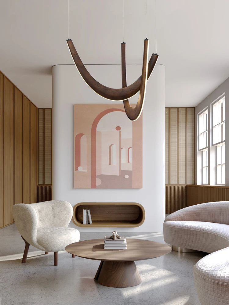 Modern U-shaped Wooden LED Pendant Lights Indoor Hanging Lamp Living Sitting Room Lobby Kitchen Island Dining Living Room Office