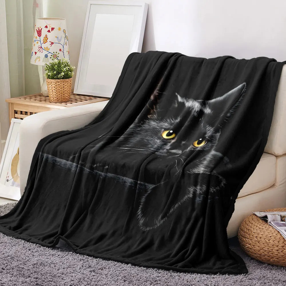 Black Cat Printed Throw Blanket - Glossy Textured Fleece, Dramatic Contrast Design, Perfect for Cozy Home Decor, Alert Relaxed C