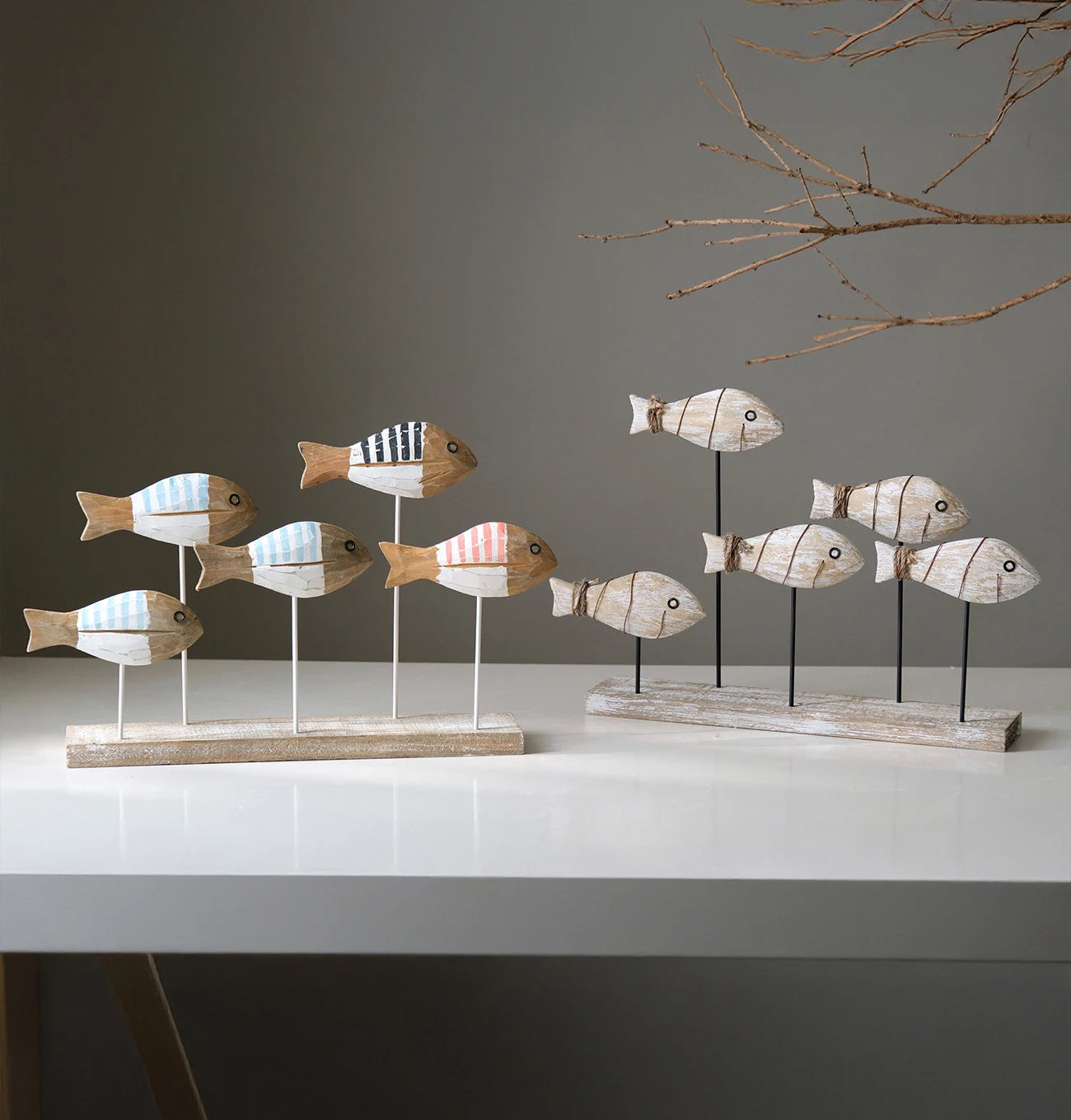 Retro Mediterranean Style 3D Wooden Shoal of Fish DecorationsHand Carving Ocean Desktop Crafts Ornaments DIY Bar Cafe Home Decor