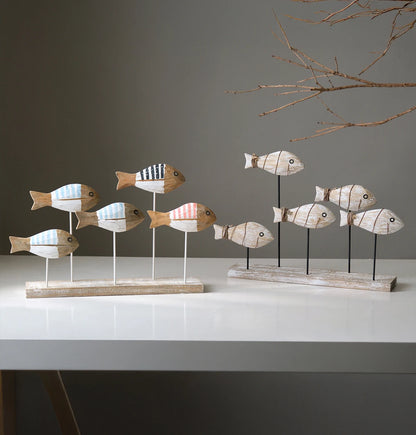 Retro Mediterranean Style 3D Wooden Shoal of Fish DecorationsHand Carving Ocean Desktop Crafts Ornaments DIY Bar Cafe Home Decor