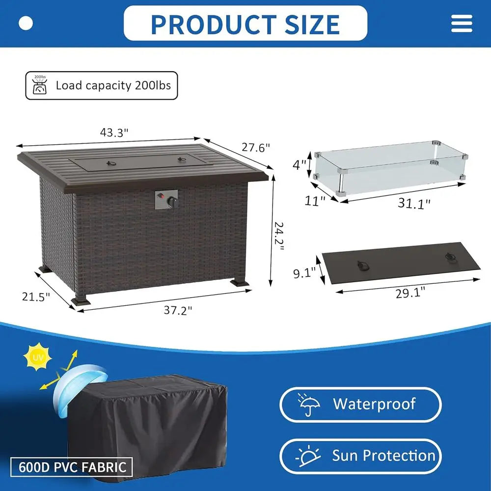 43 Propane Gas Fire Pit Table, 55,000 BTU Outdoor | 2 in 1 Fire Table with Lid, Fire Glass, Glass Wind Guard & Waterproof Cover