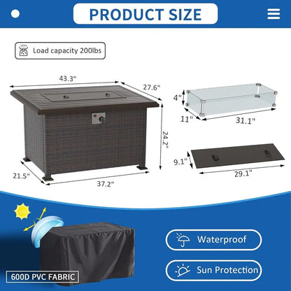 43 Propane Gas Fire Pit Table, 55,000 BTU Outdoor | 2 in 1 Fire Table with Lid, Fire Glass, Glass Wind Guard & Waterproof Cover