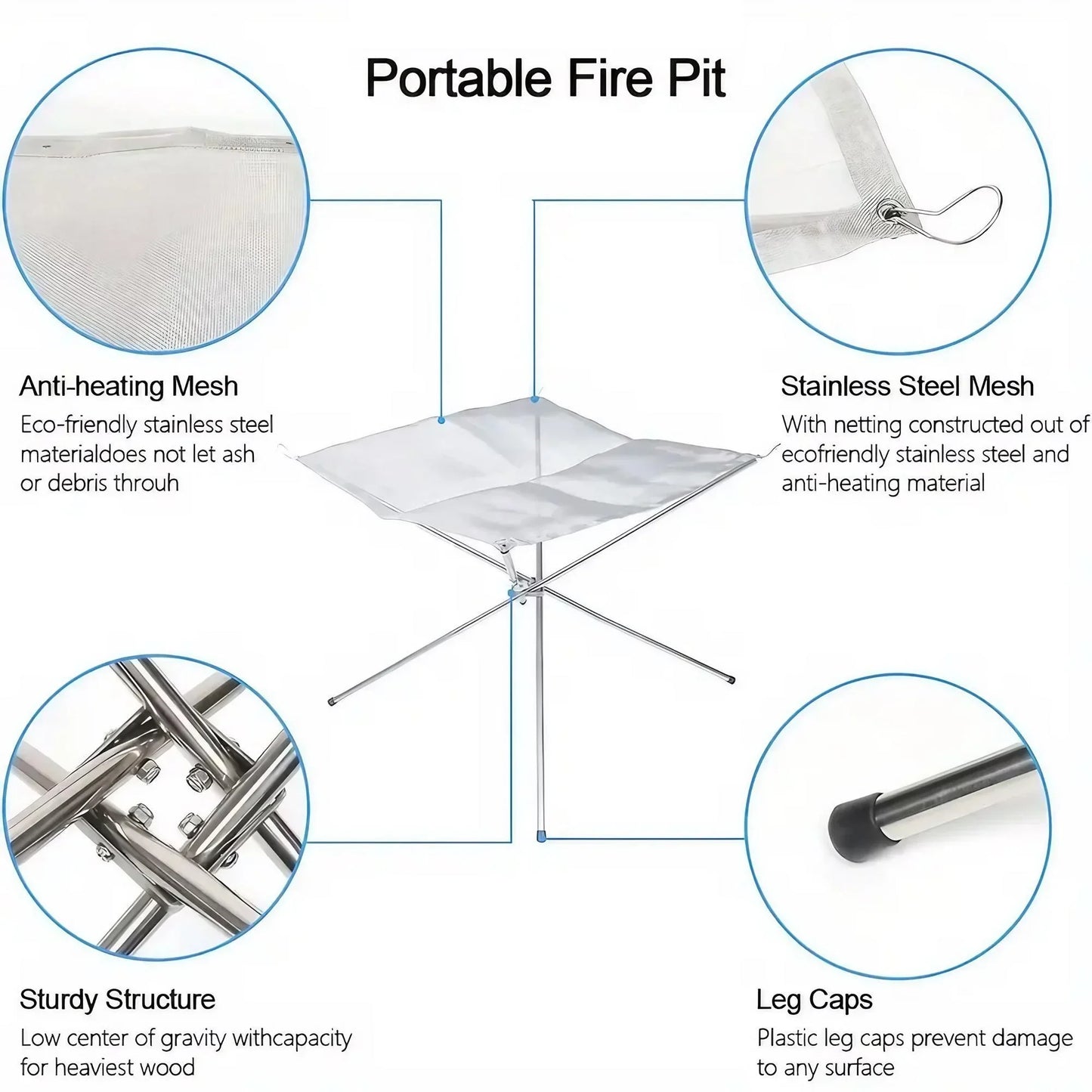 Folding Portable Steel Mesh Camping Fire Pit, Outdoor Wood Burning Bonfires Rack, Stainless Steel Fire Pit, with Carrying Bag