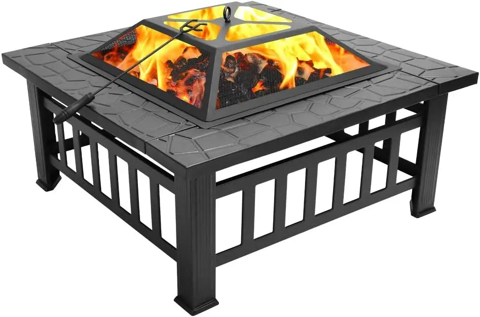 Square Metal Fire Pit Table Outdoor Wood Burning Fireplace Backyard Patio Stove For Camping Heating Bonfire Picnic Geometric Flame Cut Out Pattern Heavy Duty Heating Station Black