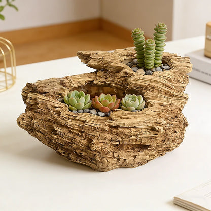 Artificial Driftwood Resin Planter with Dual Holes, Rustic Succulent Pot for Home Decor