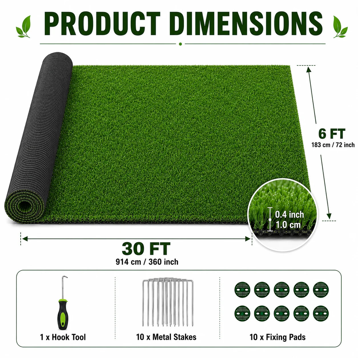 6FT x 30FT Artificial Grass Turf Roll, 0.4in Poultry Coop Flooring Mat for Chickens & Ducks, Quick Drain Synthetic Grass Rug with Black Backing, Easy to Clean Outdoor Farm Run Ground Cover with Stakes