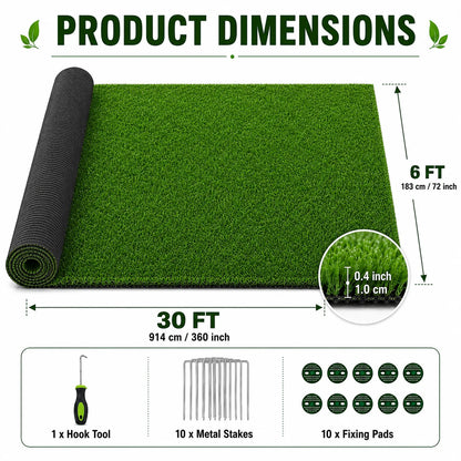 6FT x 30FT Artificial Grass Turf Roll, 0.4in Poultry Coop Flooring Mat for Chickens & Ducks, Quick Drain Synthetic Grass Rug with Black Backing, Easy to Clean Outdoor Farm Run Ground Cover with Stakes