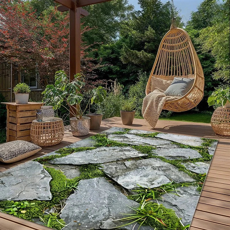 Modern Stone Decorative Mat | Outdoor Rugs | Suitable for Courtyard, Balcony, Garden, Camping, RV | Machine Washable