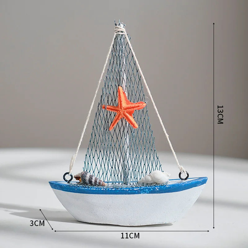 1pc Mini Mediterranean Style Marine Nautical Wooden Blue Sailing Boat Ship Wood Crafts Ornaments Party Room Home Decoration