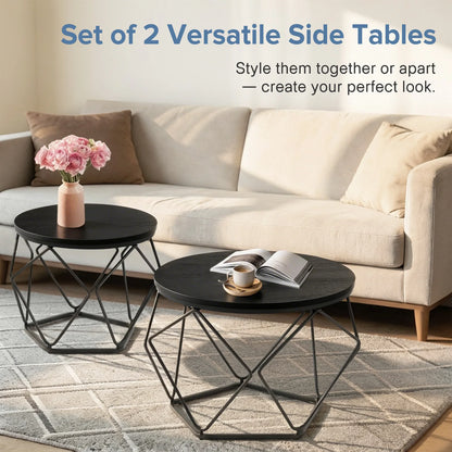 JHK 20IN Round Geometric Coffee Table Set of 2 Movable End Tables for Living Room Nesting Side Tables with Hidden Storage