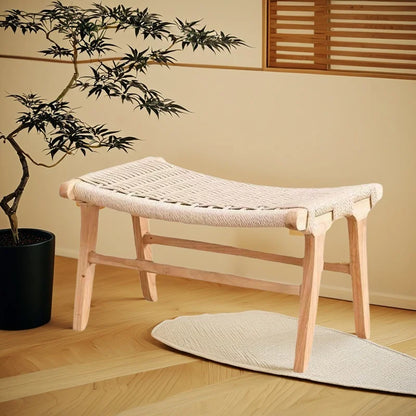 Handcrafted Solid Wood Woven Low Stool Rope-Woven Rattan Footrest Bench for Home Dining Entryway Bed-End