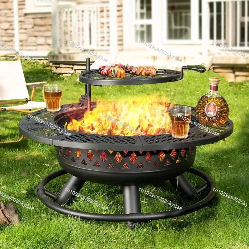 36 Inch Wood Burning Fire Pit with Grill: Outdoor Fire Pits with Lid & Fire Poker  3 in 1 Round Metal Firepit Table With