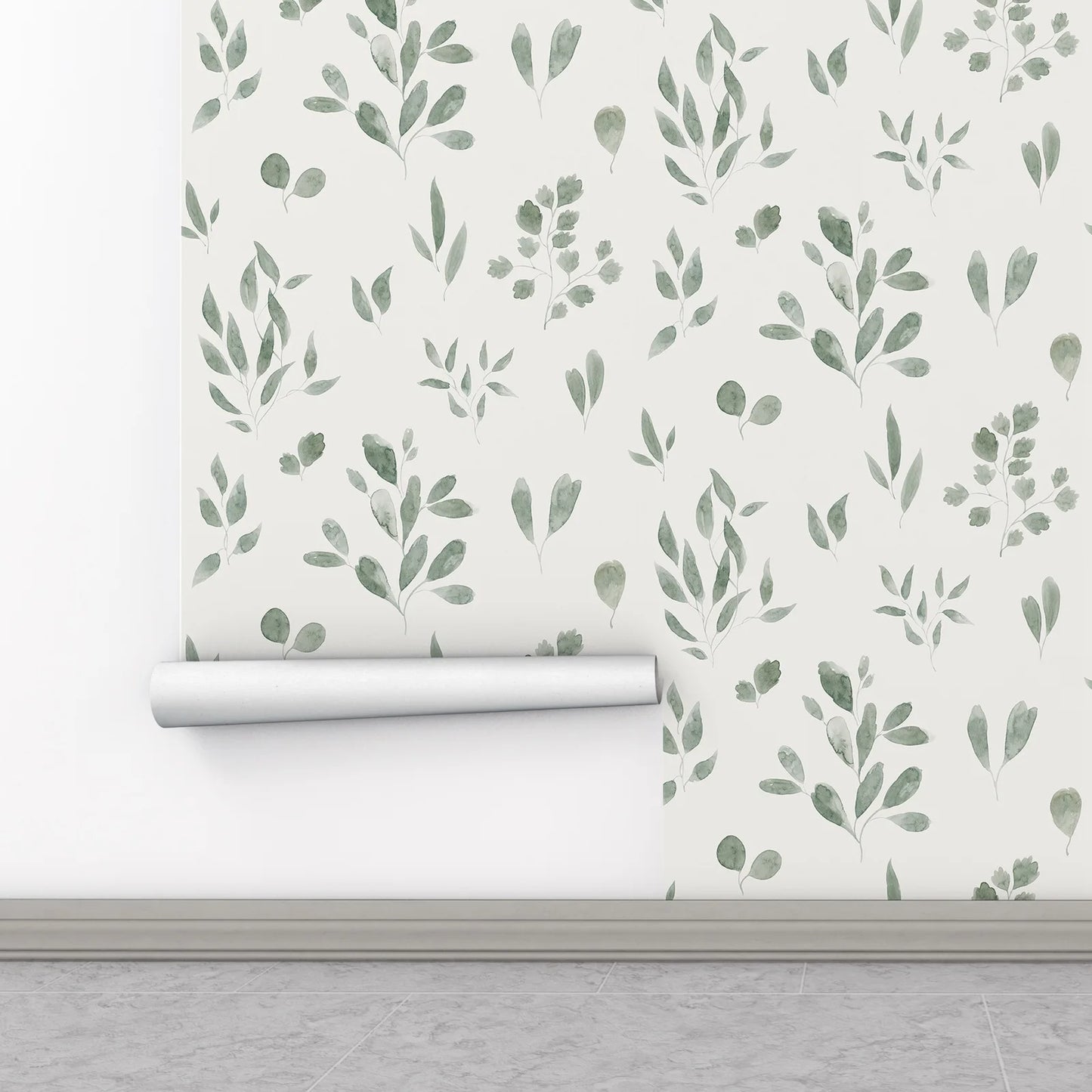 Hand Drawn watercolor Leaves wallpaper, Belle Jade in Green Colors, Scandinavian Wallpaper, Fresh Wallpaper