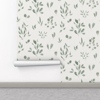 Hand Drawn watercolor Leaves wallpaper, Belle Jade in Green Colors, Scandinavian Wallpaper, Fresh Wallpaper
