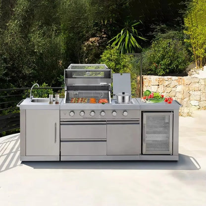 Outdoor Kitchen with Roof Cover Weather-Resistant BBQ Cabinet Set Stainless Steel Garden Kitchen Island with Grill Station