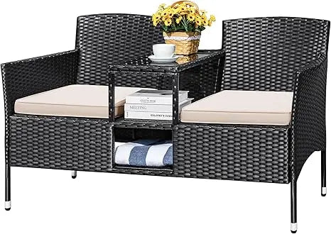 Outdoor Patio Loveseat Modern Rattan 2-Seat Patio Conversation Set with Cushions & Built-in Coffee Table Porch Furniture for Ga