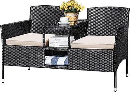 Outdoor Patio Loveseat Modern Rattan 2-Seat Patio Conversation Set with Cushions & Built-in Coffee Table Porch Furniture for Ga