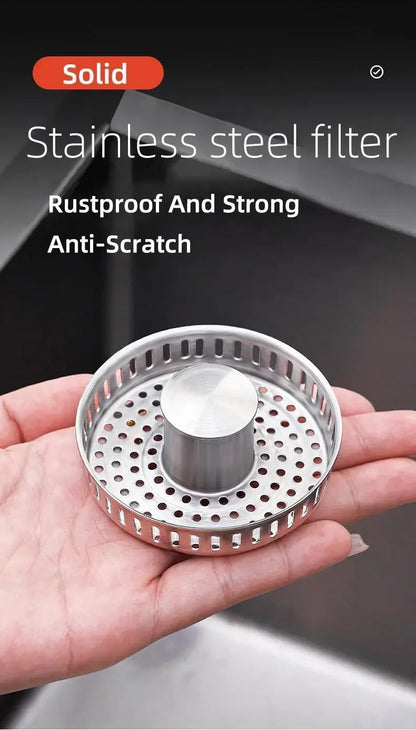 3-in-1 Stainless Steel Kitchen Sink Strainer - Pop-Up Stopper with Anti-Clogging Basket and Odor Filter, Easy Clean Drain Strain