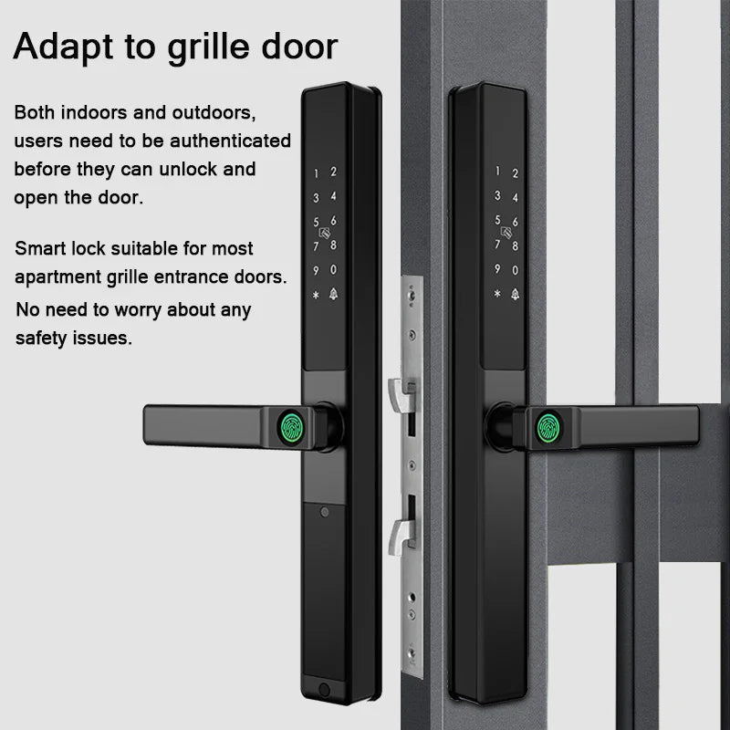 Double-Side Waterproof  Smart Door Lock Fingerprint Password Card Tuya App Bridge-Cut For Outdoor Pull Push Sliding Grille Door