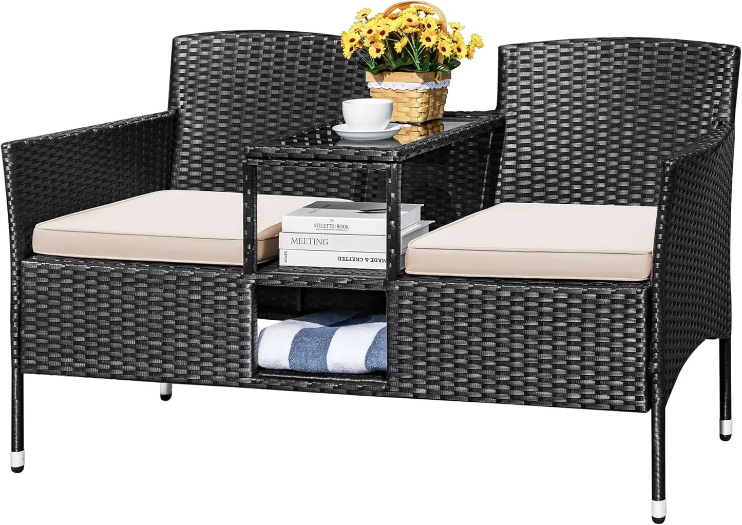 Outdoor Patio Loveseat Modern Rattan 2-Seat Patio Conversation Set with Cushions & Built-in Coffee Table Porch Furniture for Ga