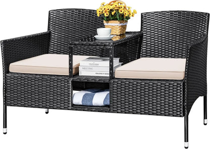 Outdoor Patio Loveseat Modern Rattan 2-Seat Patio Conversation Set with Cushions & Built-in Coffee Table Porch Furniture for Ga