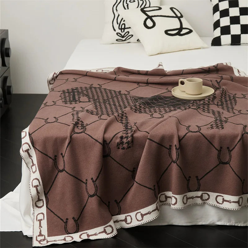 Luxury Horse Knitted Blanket Gray Bedspread Modern Orange Decorative For Sofa Throw Warm Living Room Bedding Home Decorations