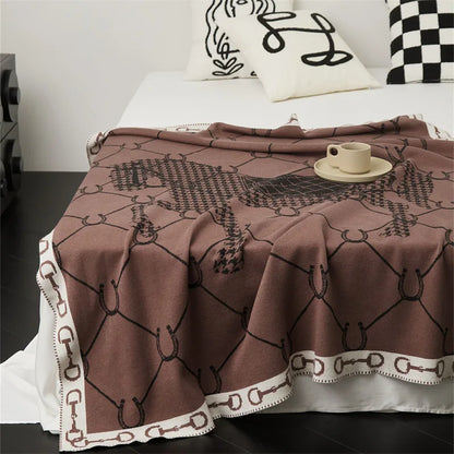 Luxury Horse Knitted Blanket Gray Bedspread Modern Orange Decorative For Sofa Throw Warm Living Room Bedding Home Decorations