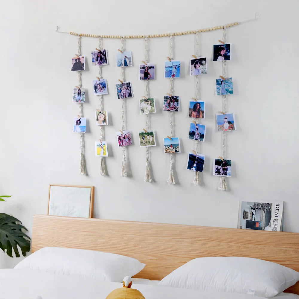 Macrame Hanging Photo Display Wall Decor Boho Wooden Beads Garland Picture Frame Holder with 30 Clips Bedroom Living Room Gifts