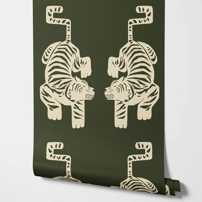 Peel and Stick Olive Green Tiger Wallpaper,Vintage Aztec Tiger Wallpaper,Retro Self adhesive Or Tradition Non-woven Animal Paper