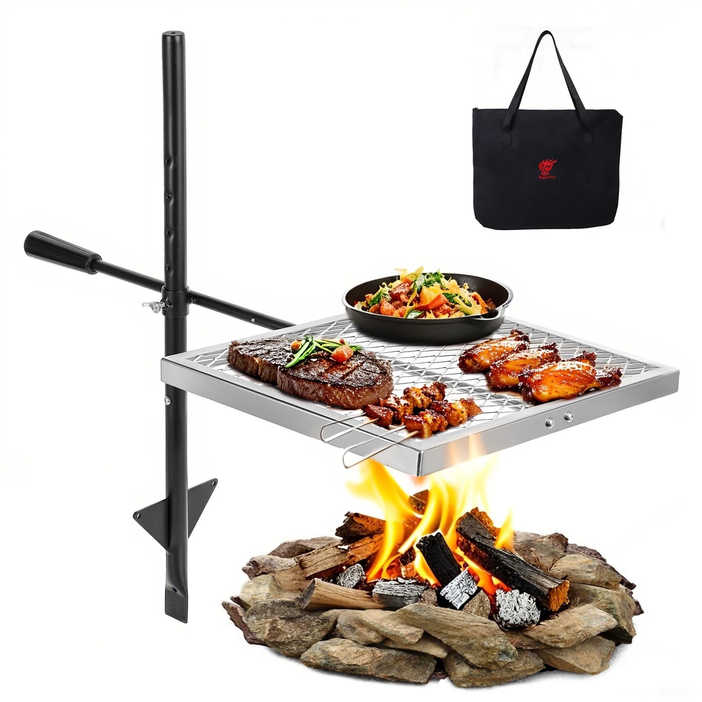 Swivel Campfire Grill 360° Adjustable Open Fire Grill Grate, Fire Pit Grill Grate over Fire Pits, Outdoor Cooking Equipment