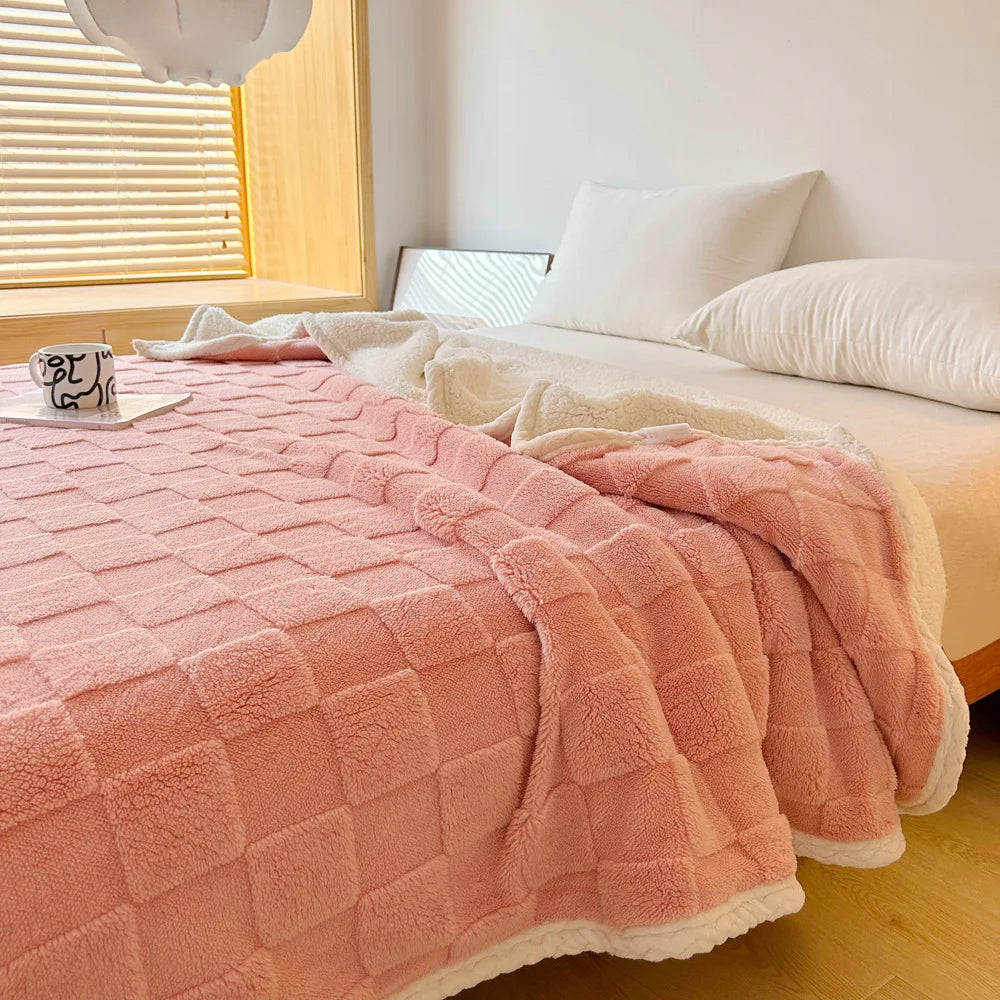 Home Thick Bed Blanket Double Sided Lamb Cashmere Fleece Plaid Blankets Winter Warm Throw Sofa Cover Newborn Wrap Kids Bedspread