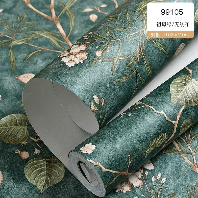 Country Wallpaper Idyllic Style Retro Nostalgic Bedroom Dark Green Flowers and Birds TV Background Wallpaper Non Self-adhesive