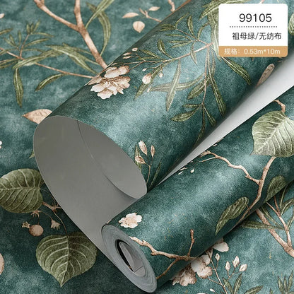 Country Wallpaper Idyllic Style Retro Nostalgic Bedroom Dark Green Flowers and Birds TV Background Wallpaper Non Self-adhesive